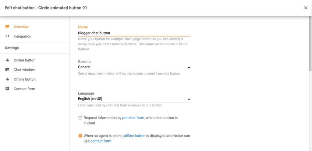 LiveAgent chat button configuration with multiple options