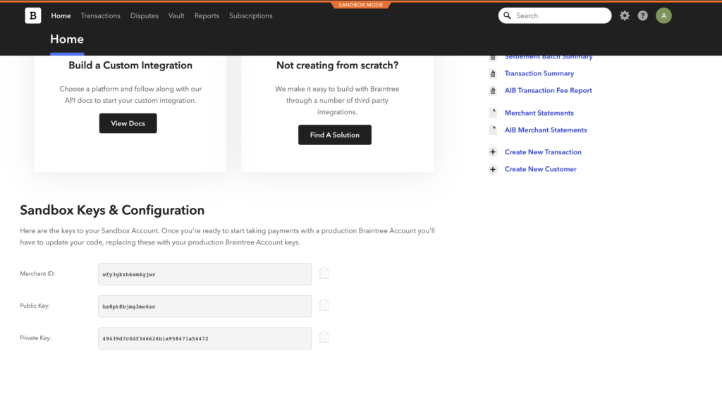 Braintree中的密钥和配置