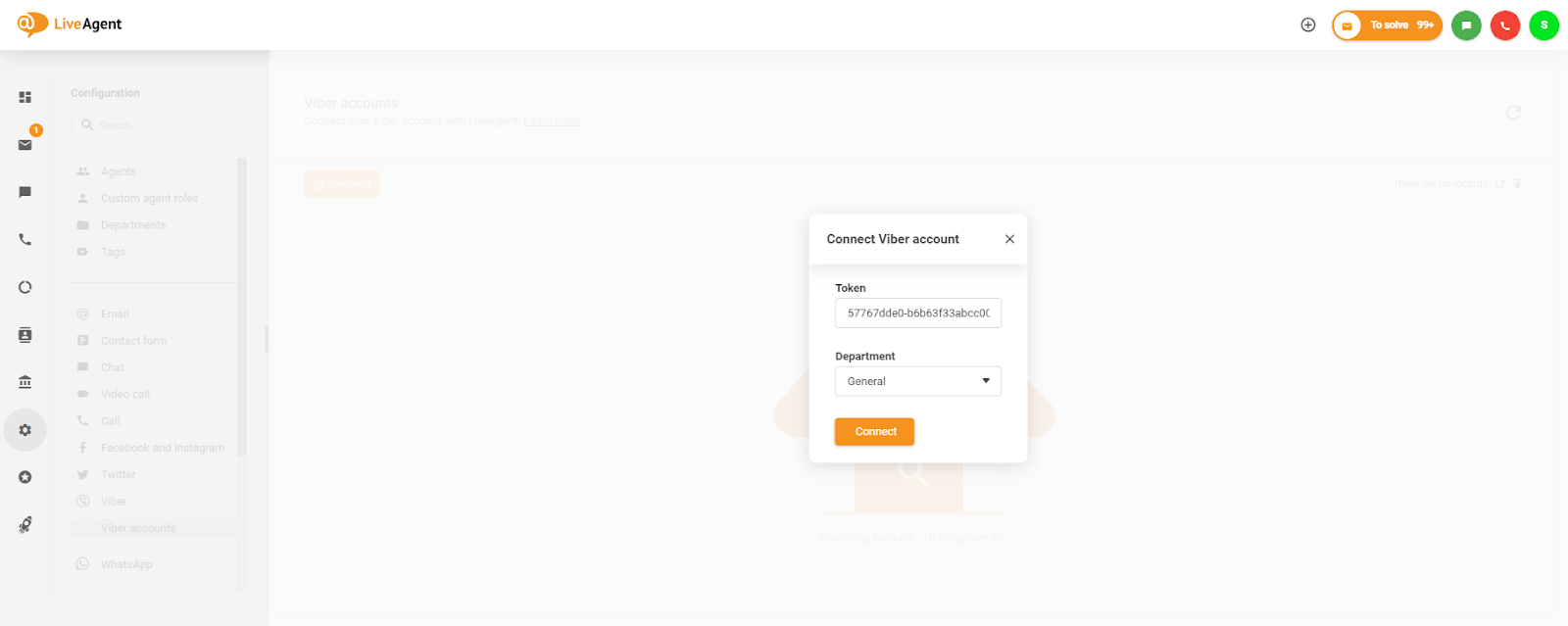 Placing the token in the Connect Viber account window