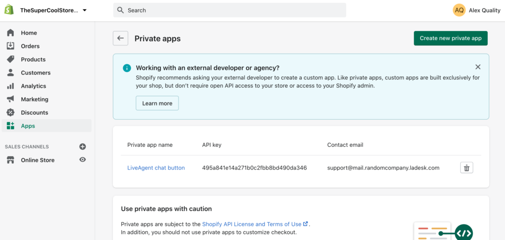 Create a new private app in Shopify to create an integration with LiveAgent