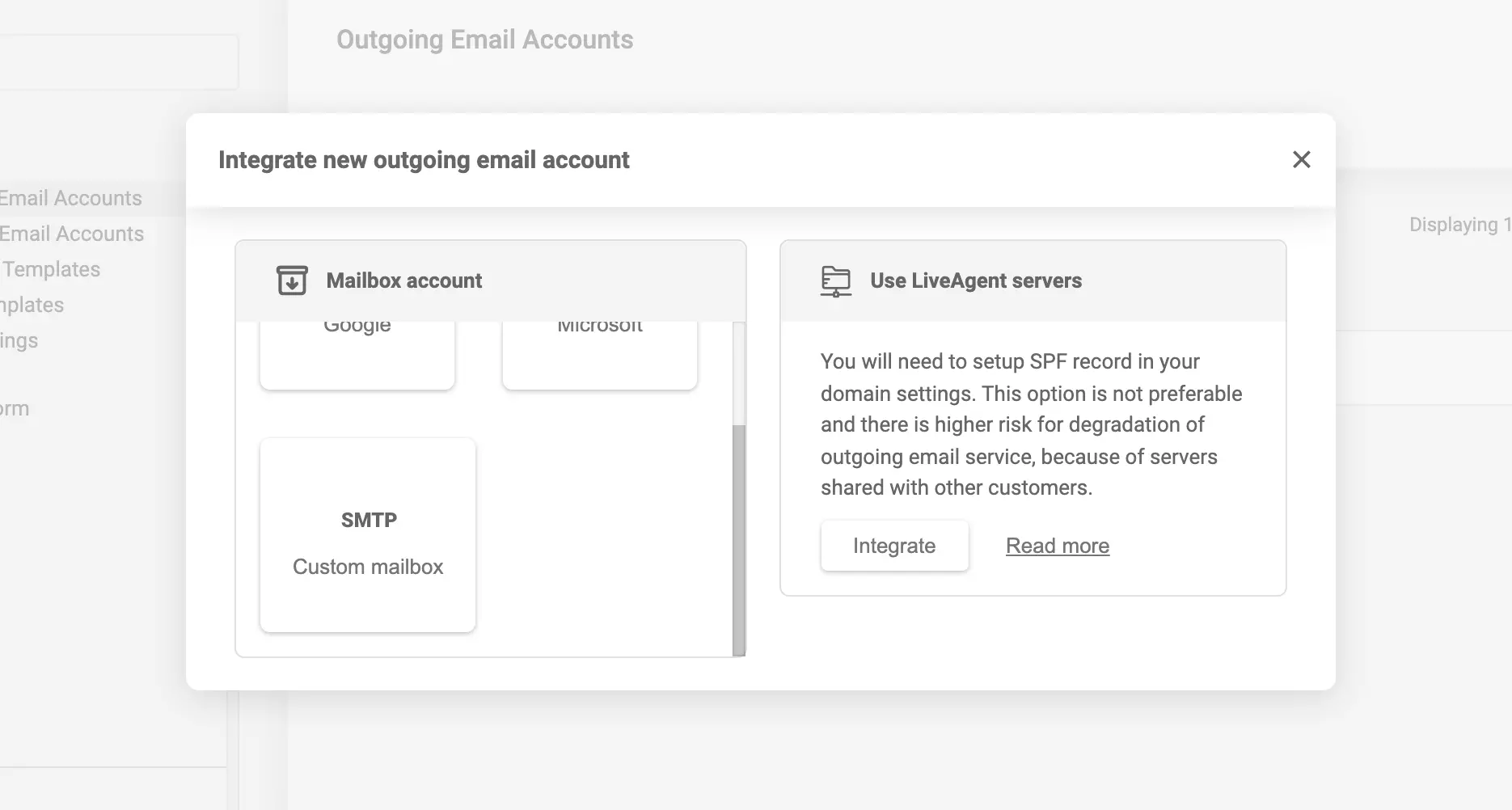 Email integration with various email providers in LiveAgent