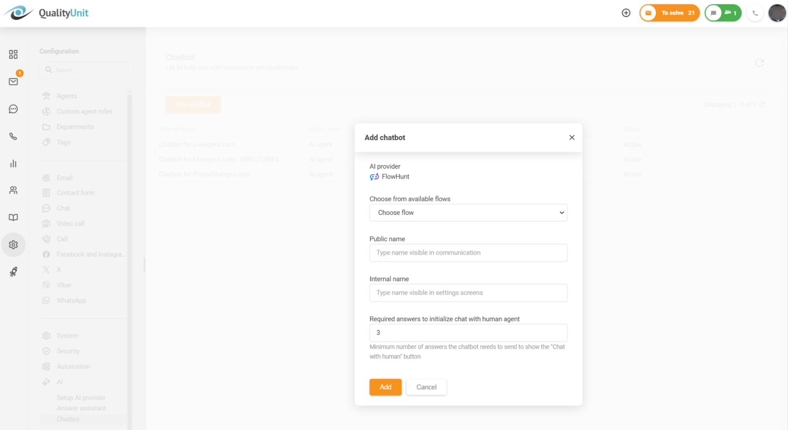 Configuring the minimum required answers before enabling the option to chat with a human