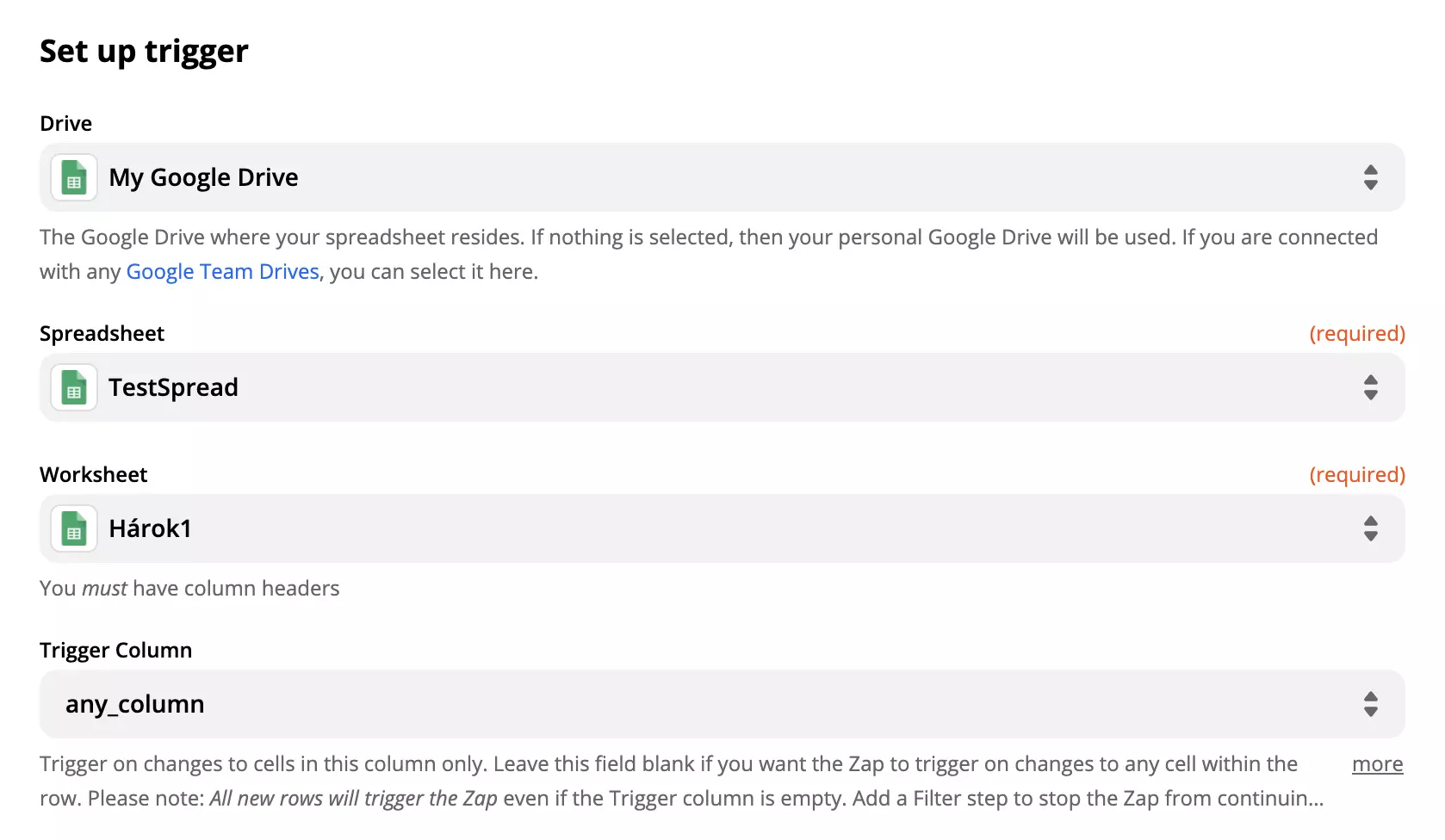 Google Sheets 触发器设置选项和字段