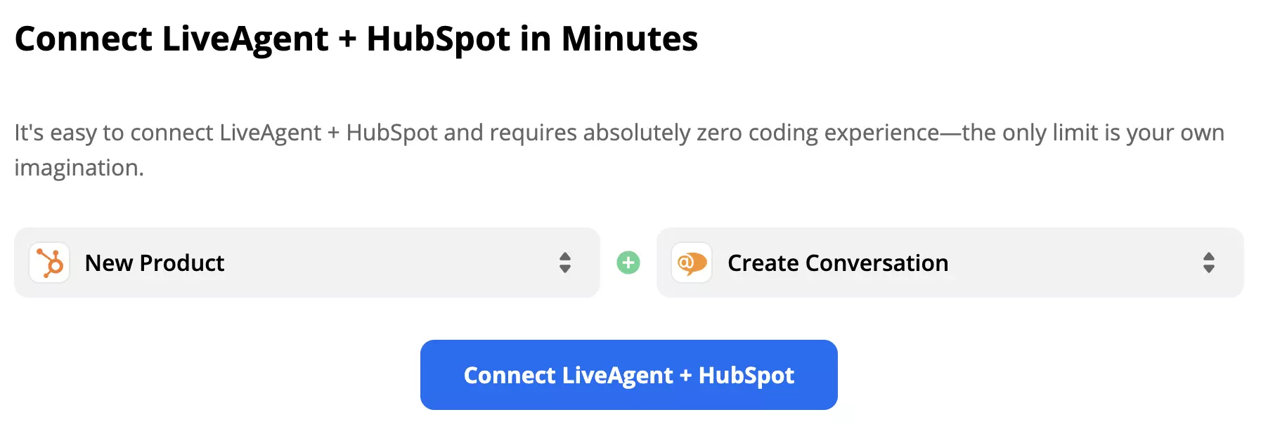 A New Product trigger in HubSpot activates a Create Conversation action in LiveAgent