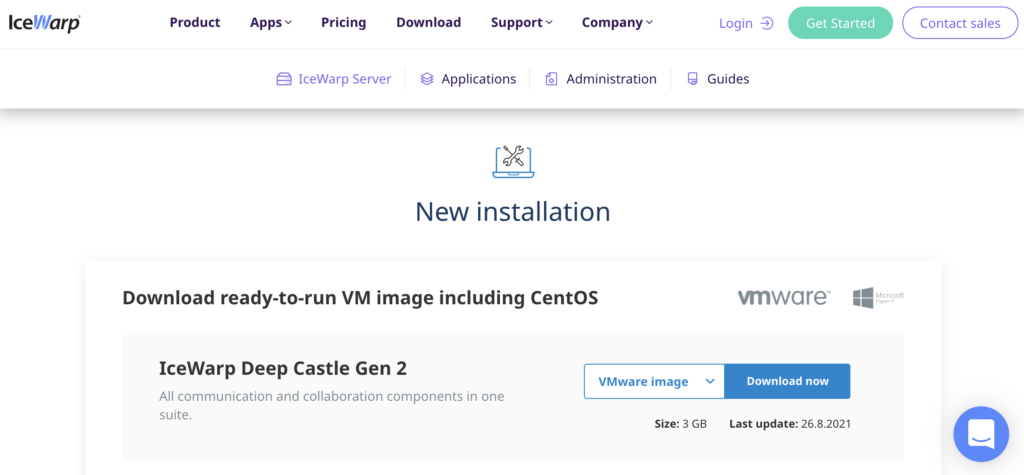 IceWarp网站,包含安装部分和下载链接
