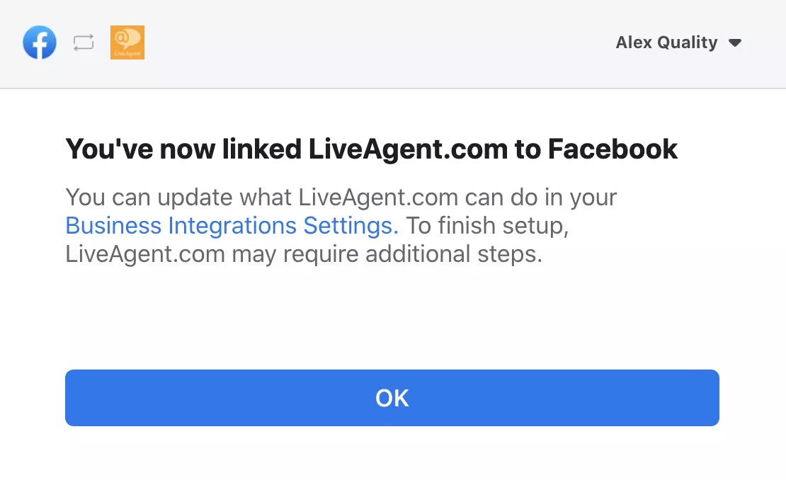 确认 Facebook 和 LiveAgent 之间成功集成的弹出窗口