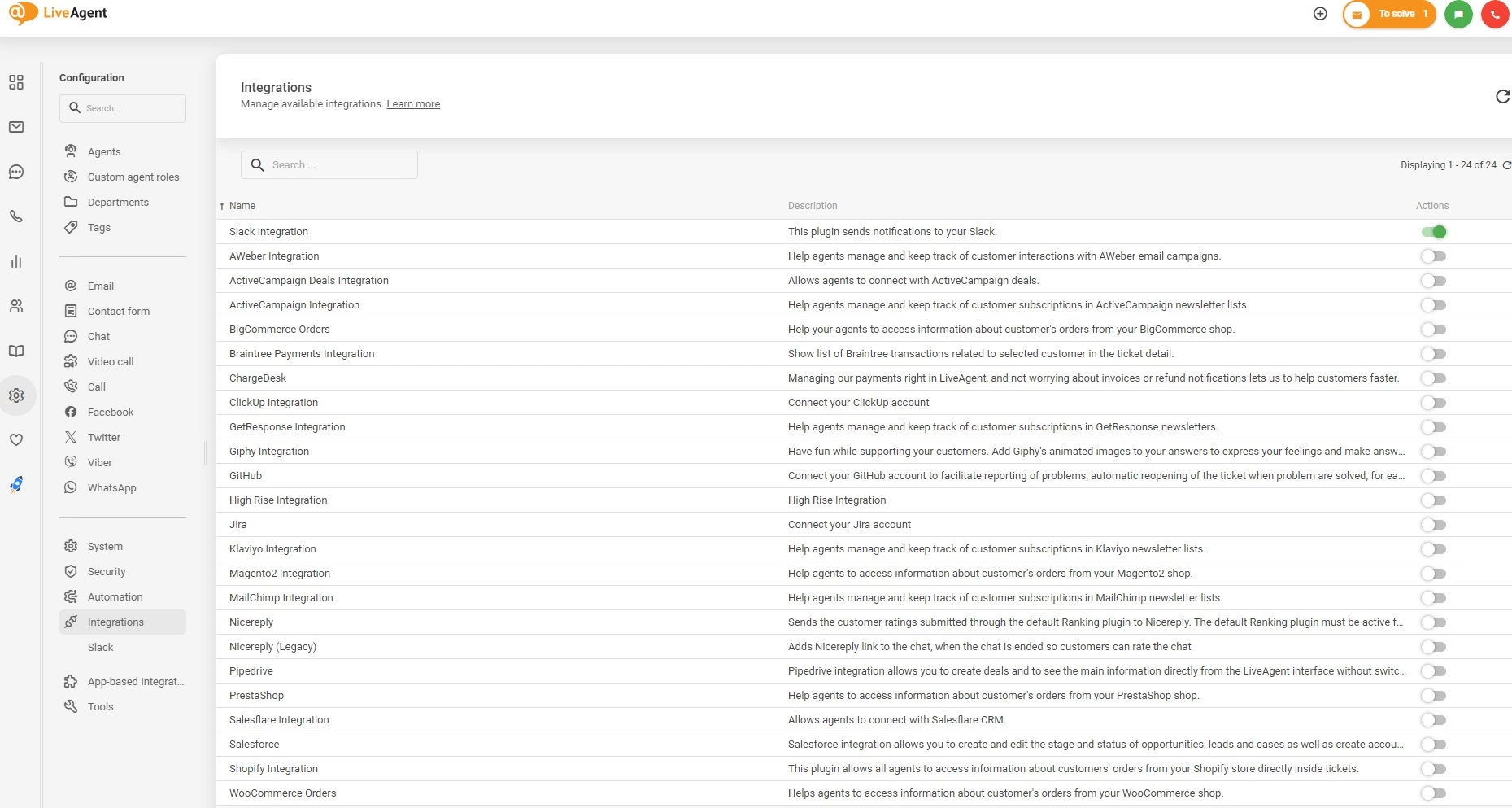 在LiveAgent中激活集成