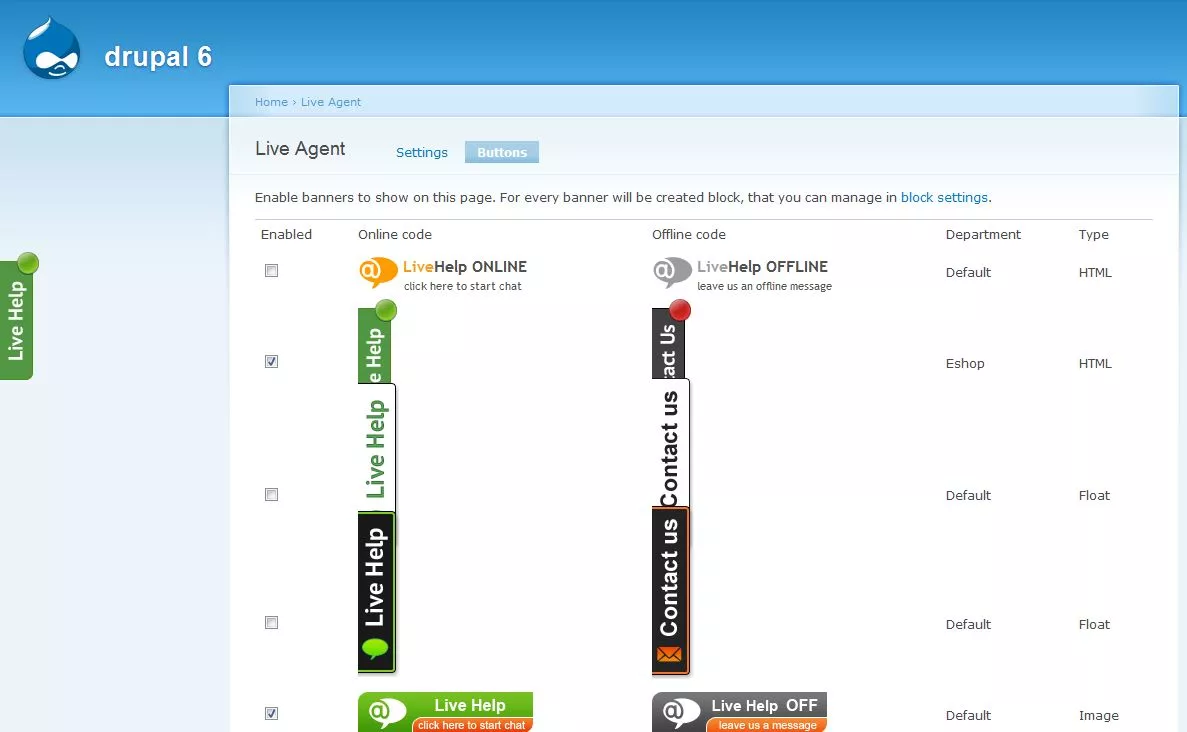 LiveAgent live chat button templates shown in Drupal