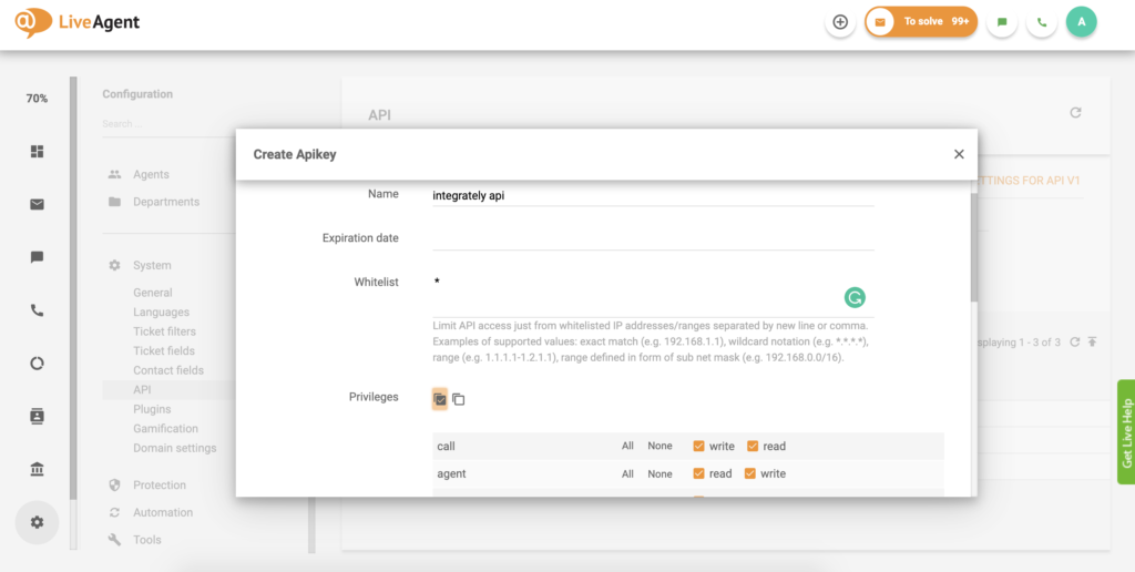 LiveAgent 中的 API 密钥设置