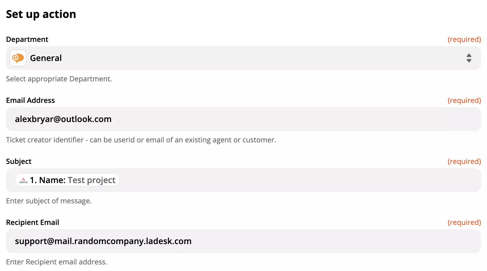 Zapier上Asana集成中的LiveAgent操作设置
