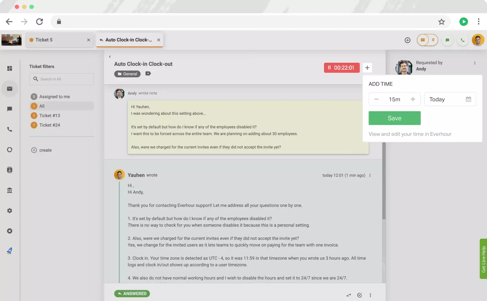 Everhour在LiveAgent中的控制