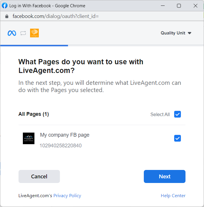 允许您选择要与 LiveAgent 集成的 Facebook 页面的弹出窗口