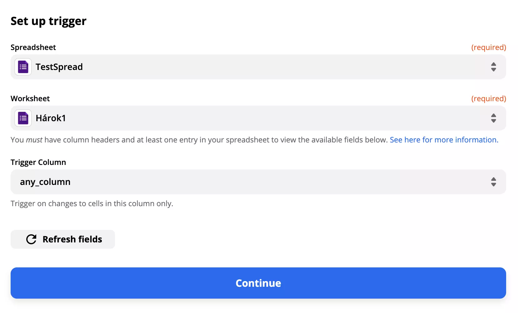 填写了字段的 Google Forms 触发器设置示例