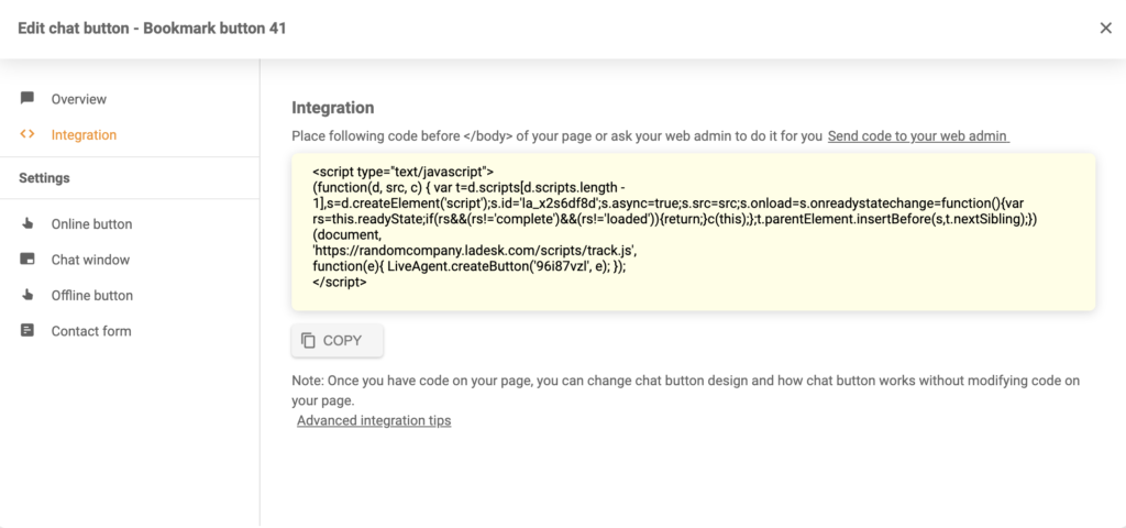 Generated chat button integration code in LiveAgent