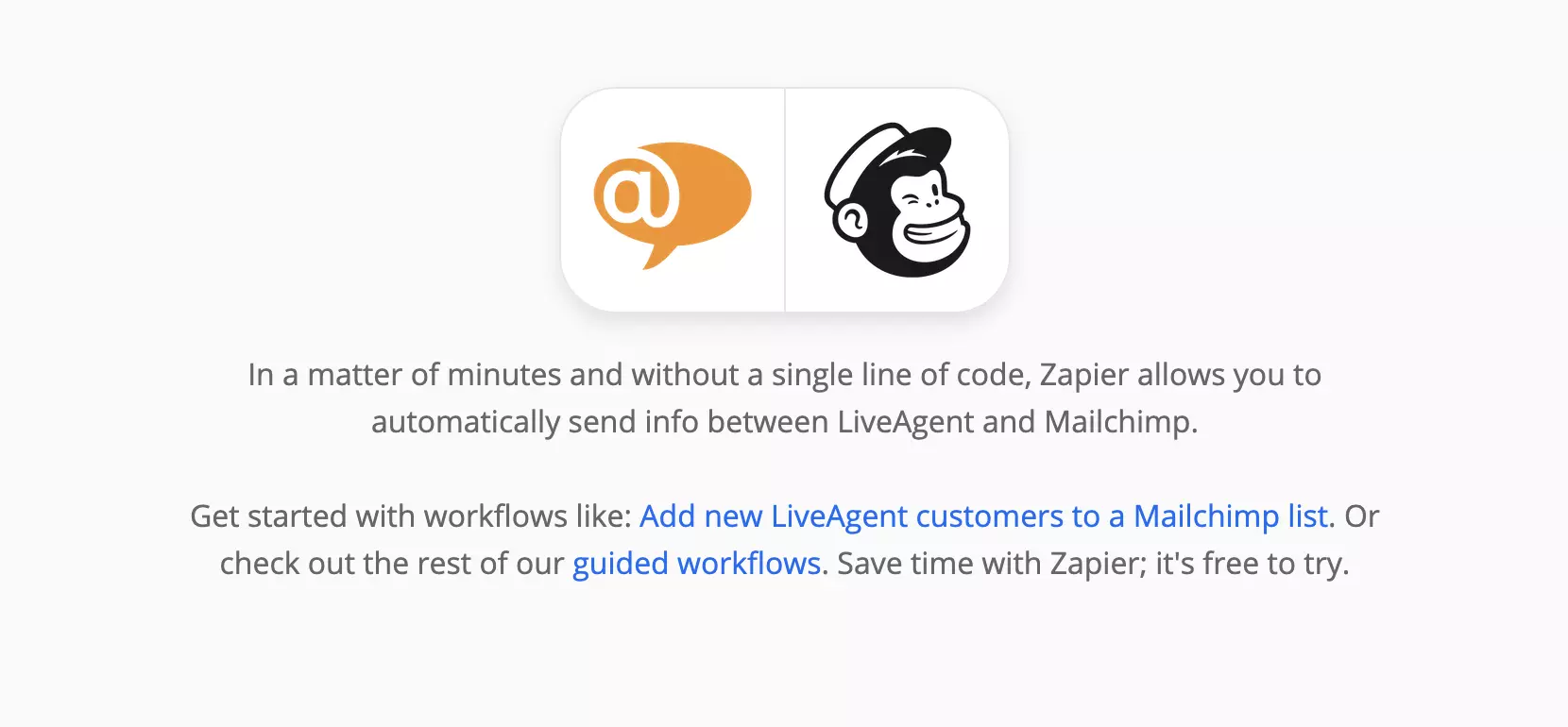 Zapier 上的 LiveAgent 和 Mailchimp 集成页面