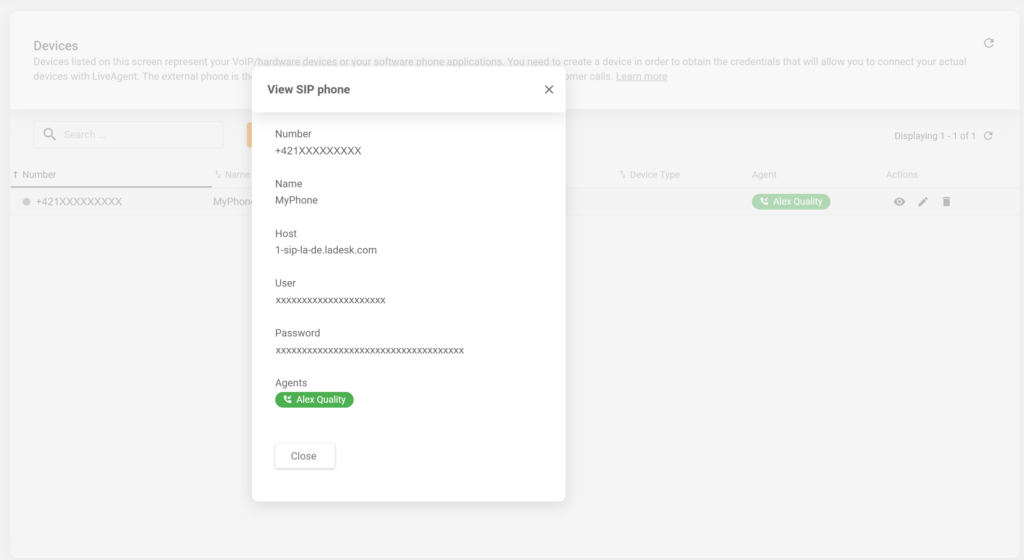 LiveAgent配置中新创建的SIP电话的详细信息