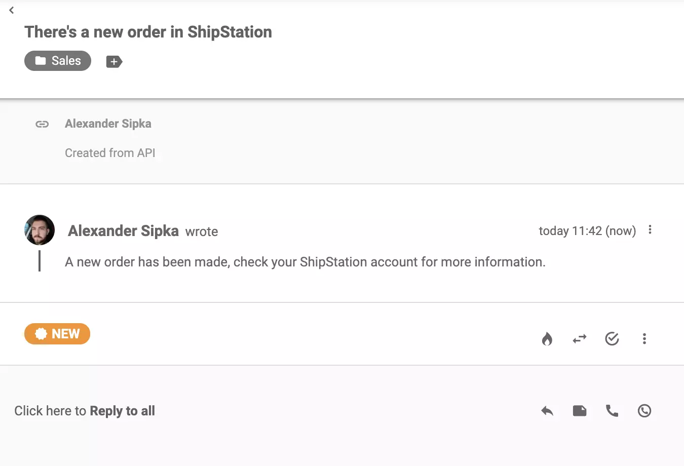 创建新订单后从ShipStation发送的消息