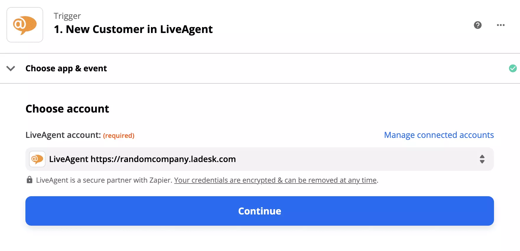 在 Zapier 上的 Giphy 集成中的 LiveAgent 触发器设置