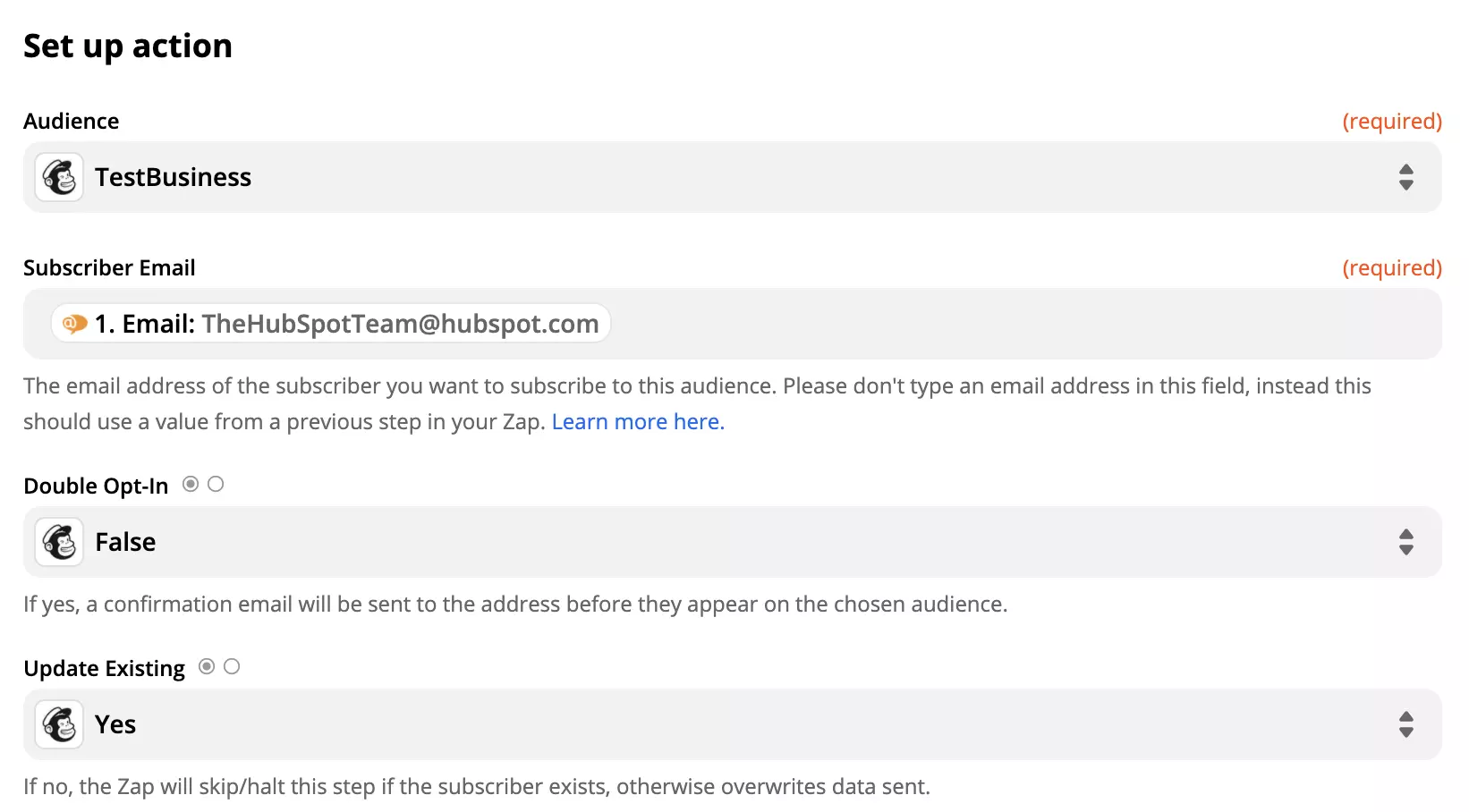 Mailchimp 动作设置