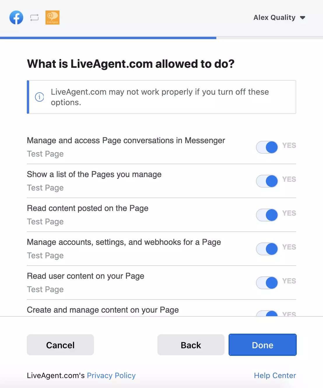 显示 LiveAgent 可以访问哪些数据的权限列表