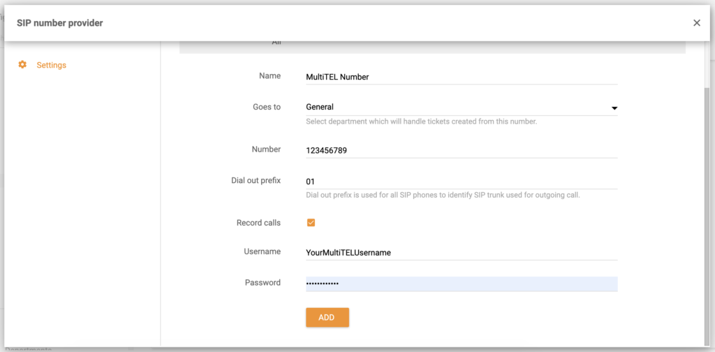 MultiTEL number configuration screen in LiveAgent