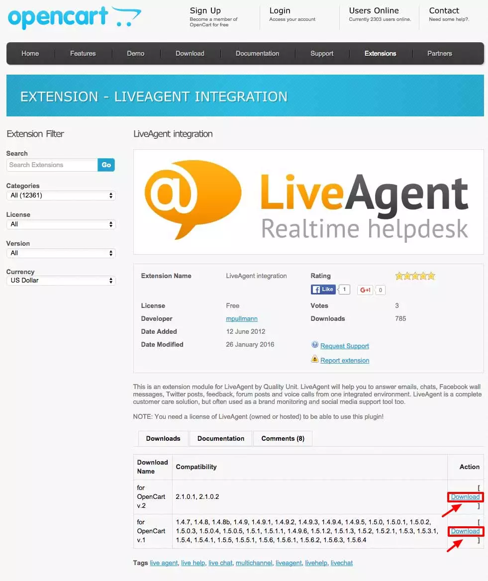OpenCart LiveAgent集成 - 下载扩展