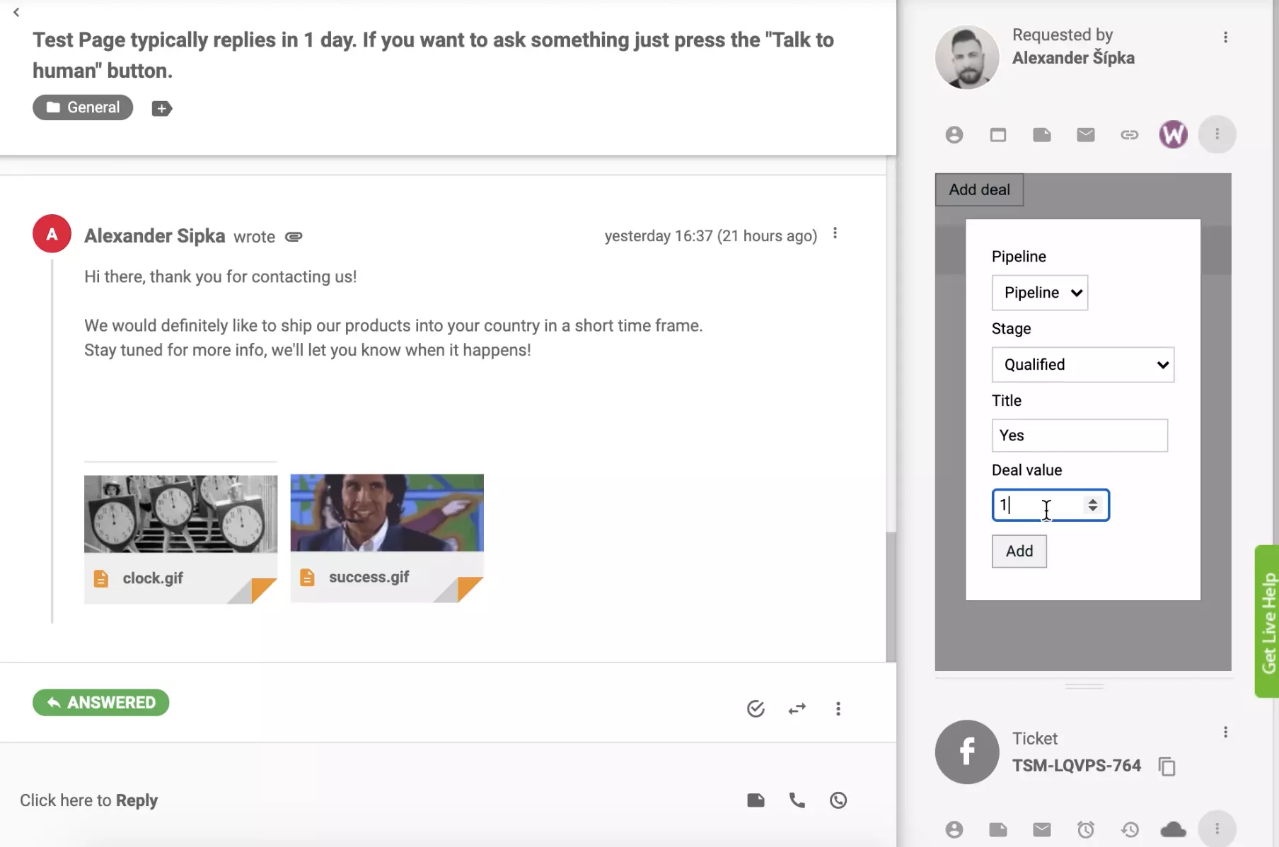 Add a deal with PipeDrive CRM integration in LiveAgent ticket view