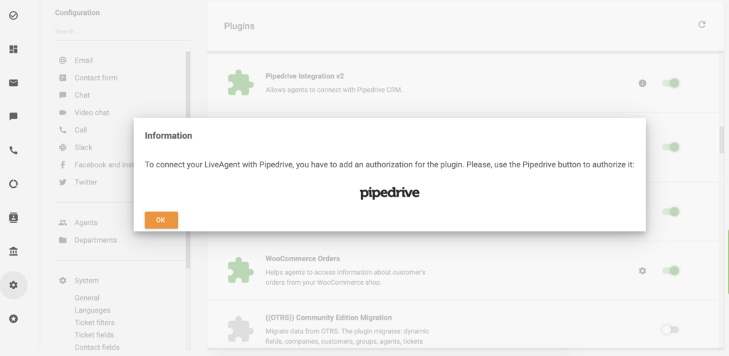 Click the PipeDrive logo to continue with the PipeDrive integration for LiveAgent