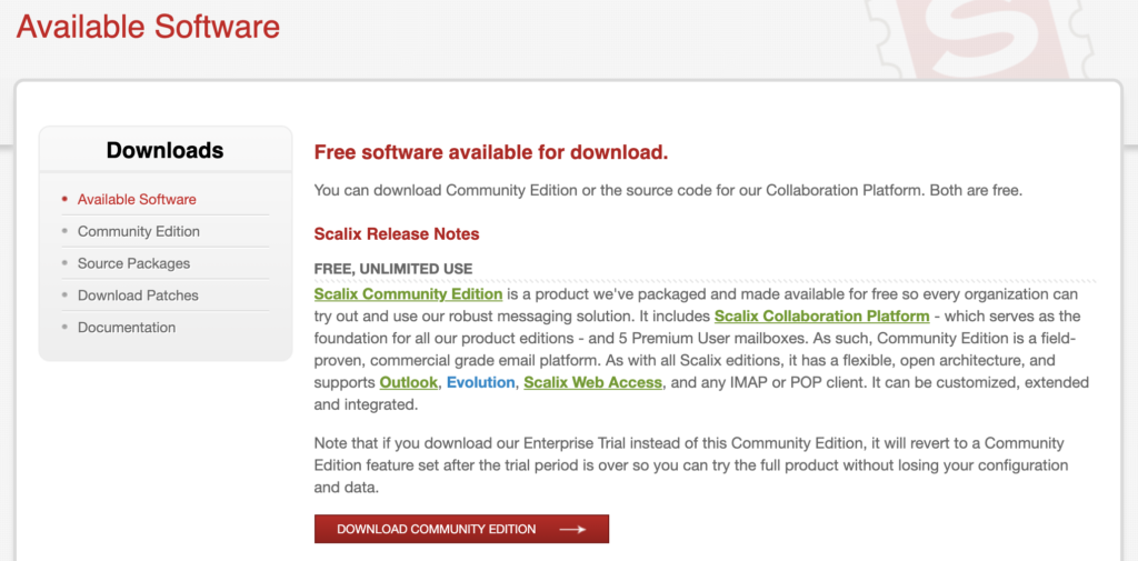 Scalix网站，显示可用下载和版本信息