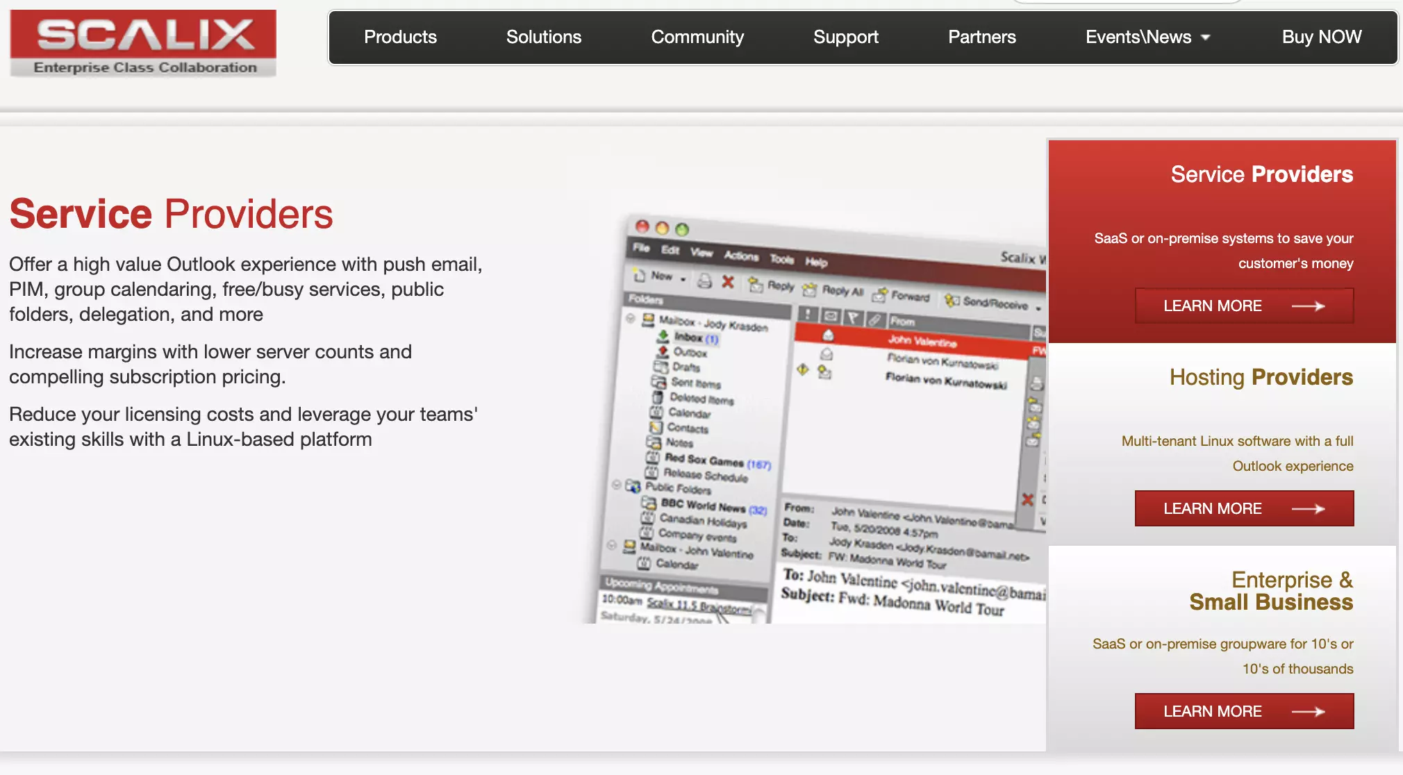 Scalix主页，列出了功能和信息