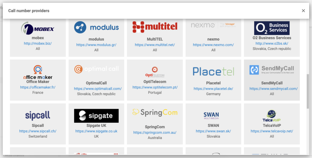 LiveAgent配置中VoIP提供商列表中的SendMyCall