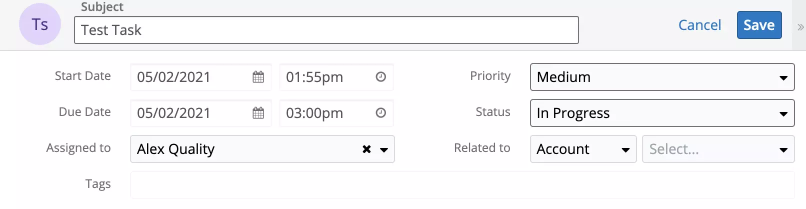 已在SugarCRM中创建新任务
