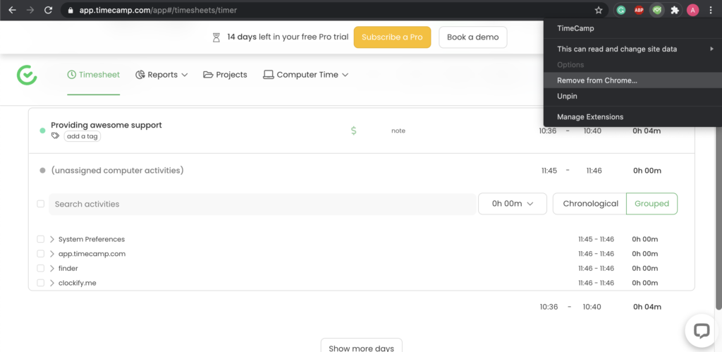 Timecamp plugin options in Google Chrome