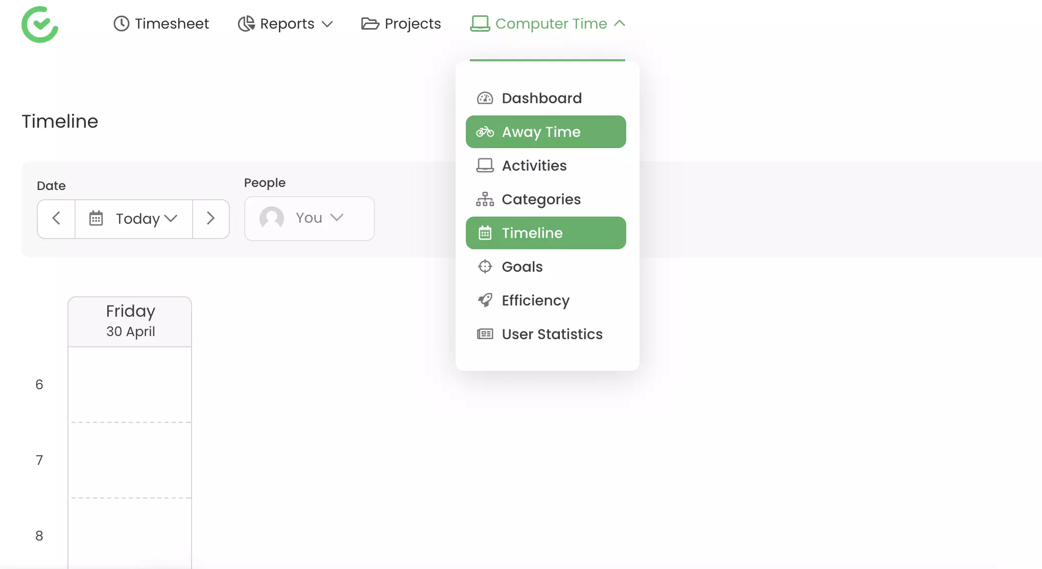 Tracking capabilities such as away time and timeline visible in TimeCamp