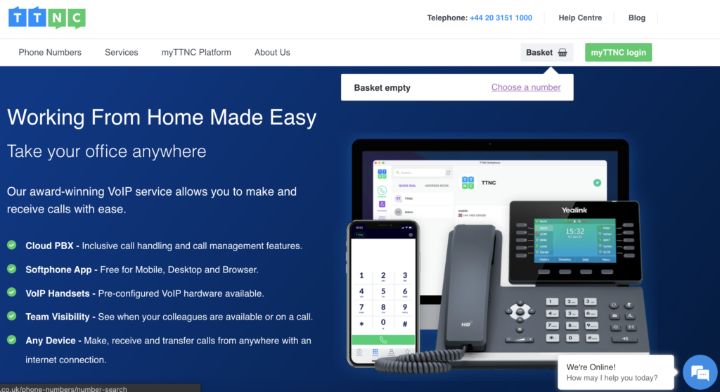 TTNC网站，右上角显示购物篮和选择号码选项