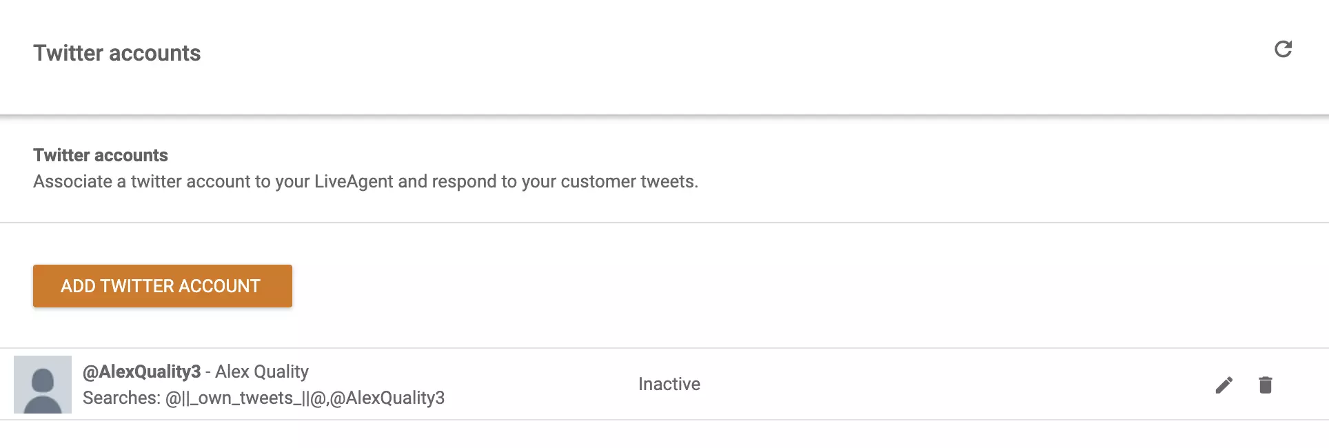 连接到LiveAgent的账户图像以及将另一个Twitter (X)账户添加到列表中的选项