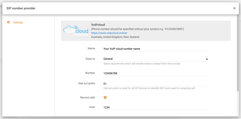 VoIPcloud call number details in LiveAgent configuration