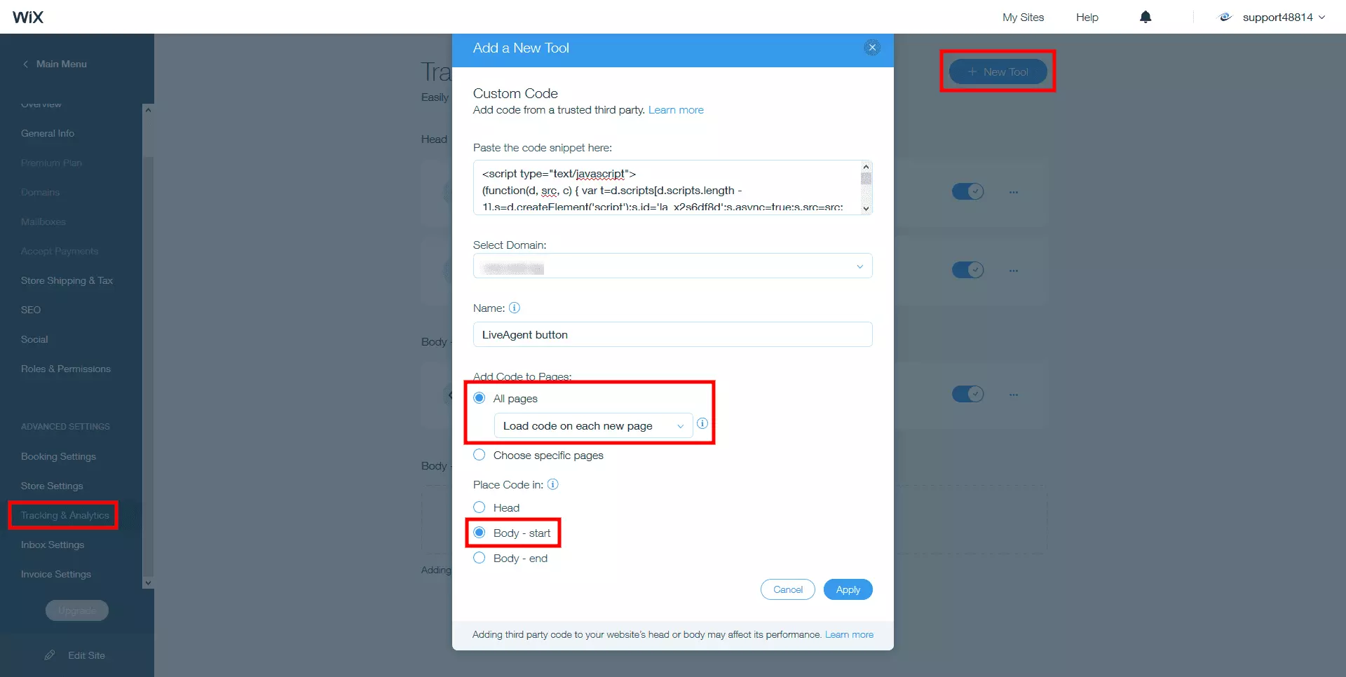 在Wix网站正文中放置LiveAgent实时聊天代码