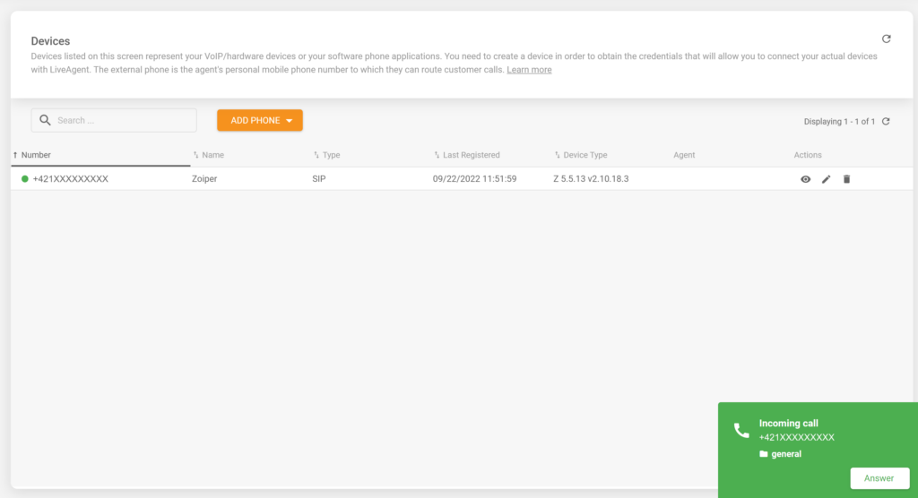 显示成功集成的Zoiper软电话与LiveAgent帮助台软件中传入来电的图片