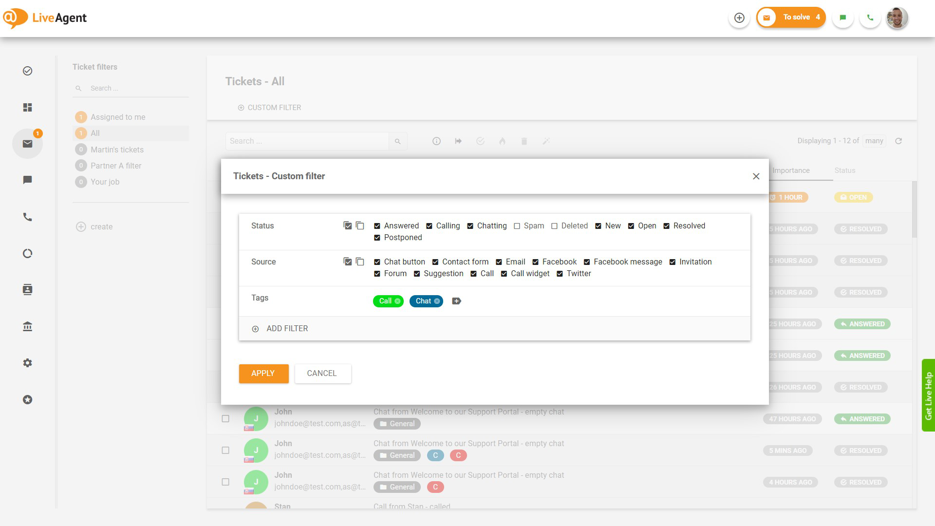 LiveAgent中按标签筛选工单的功能