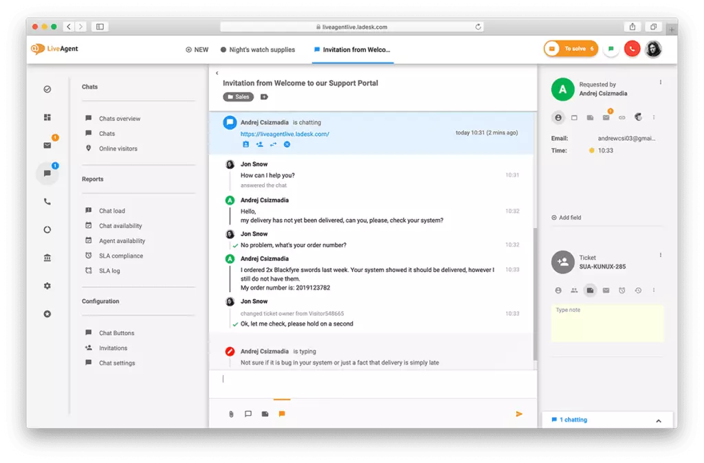 LiveAgent中实时聊天界面的概览。