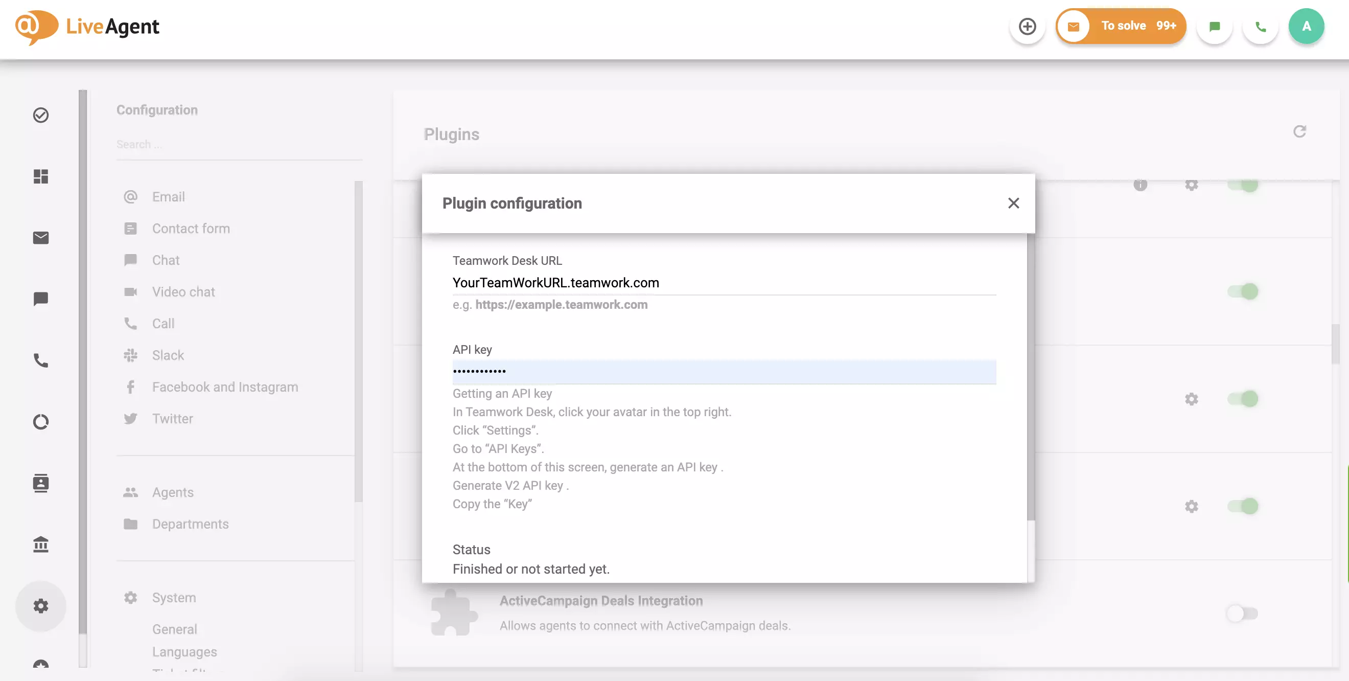 填写您的Teamwork Desk URL和API,然后点击保存。