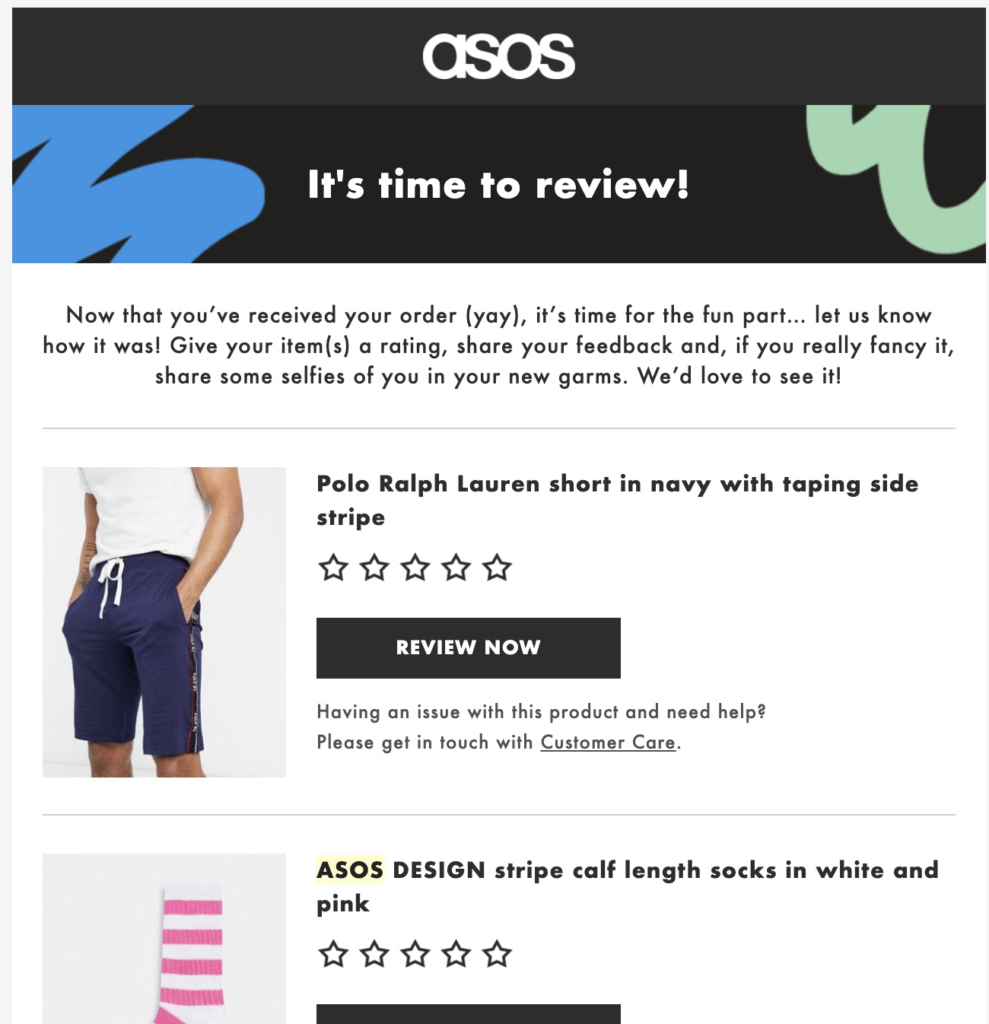 Post-purchase email template from ASOS