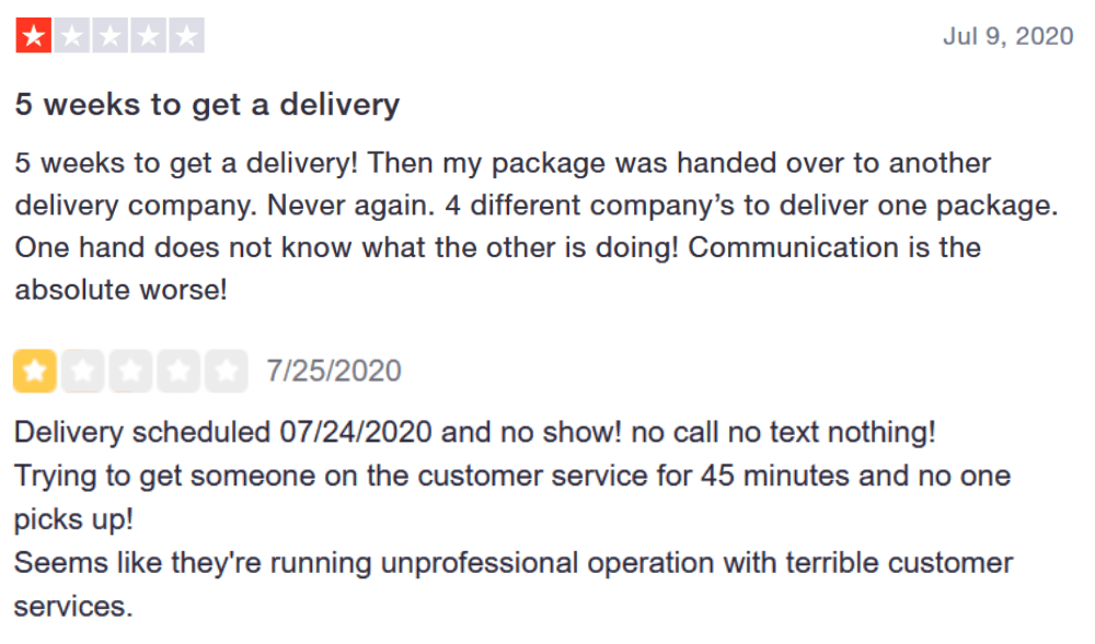Customer service and logistics negative reviews