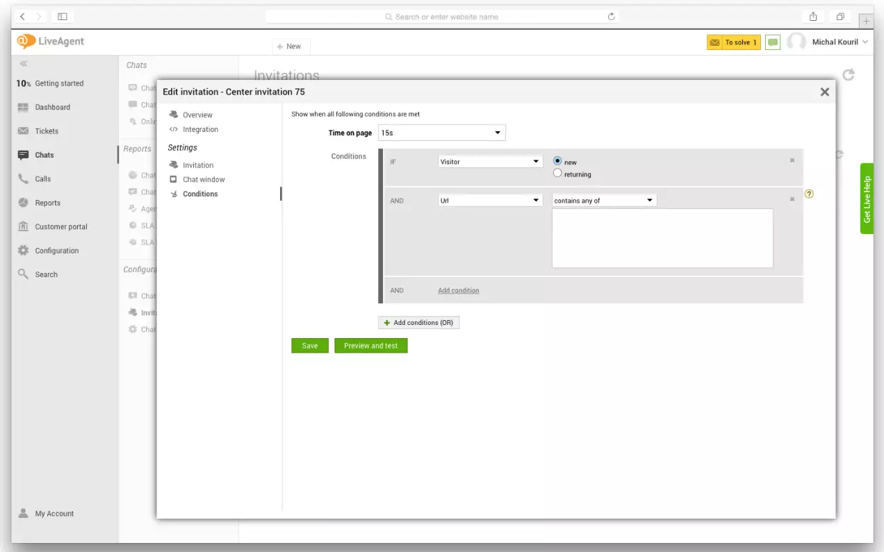 LiveAgent设置，展示如何设置主动式聊天触发器