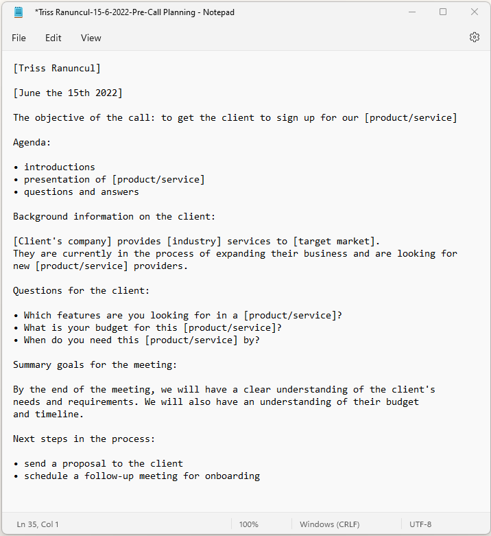 Pre-call planning notes example