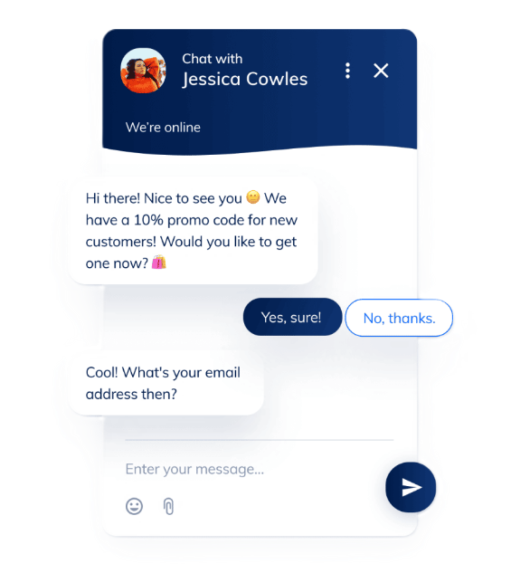 实时聊天界面，提供促销代码并请求用户电子邮件