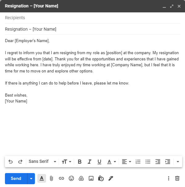 Resignation email template