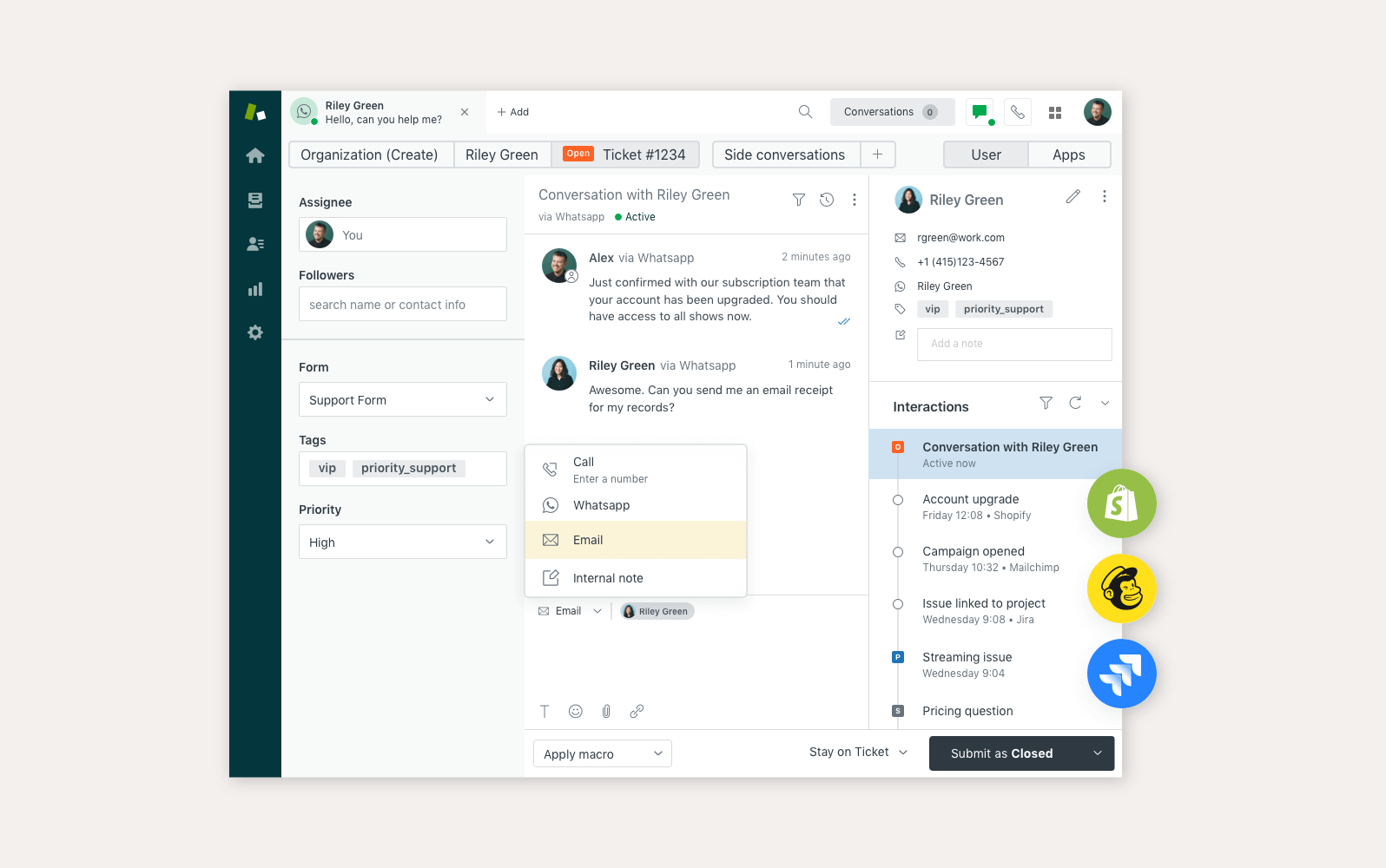 Zendesk call center interface